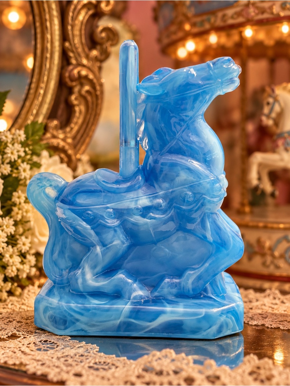 Vintage Boyd Glass Blue Slag Taffy Carousel Horse Figurine Art Glass